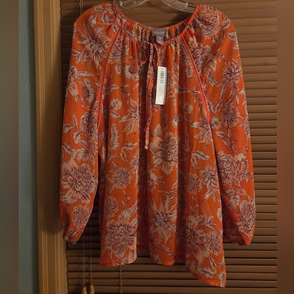 Chico's Orange Floral Peasant Blouse